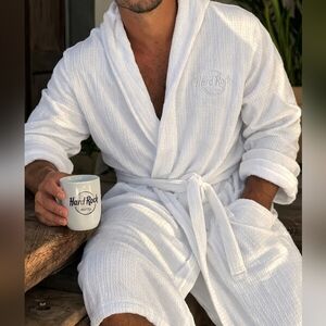 Hard Rock Hotel White Waffle Cotton Spa Robe One Size Belted Long Shawl Collar R